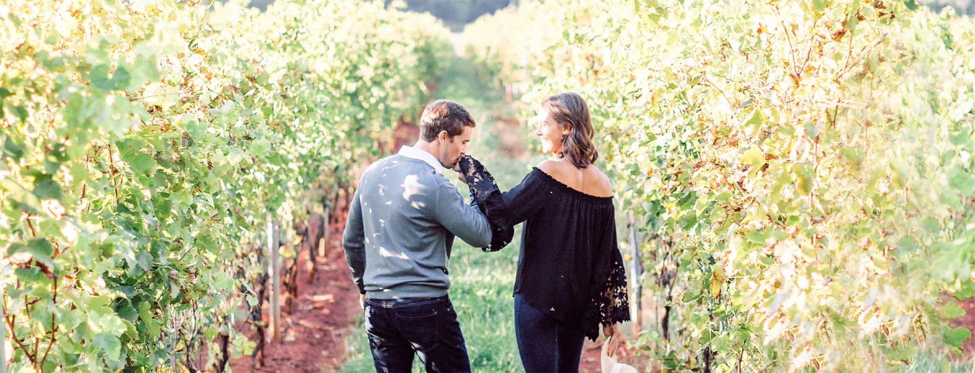 A couple taking a romantic walk through grapevines in fall at Barboursville Vineyards, an award-winning Virginia winery.