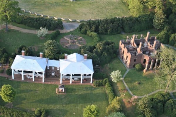 Aerial view of the charming 1804 Inn, gardens and the historic Barboursville Ruins at Barbroursville winery.