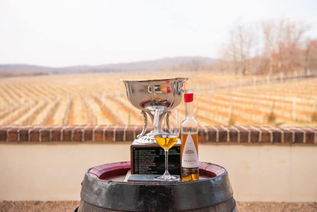 Barboursville Vineyards Paxxito wine with Virginia Governors Cup trophy