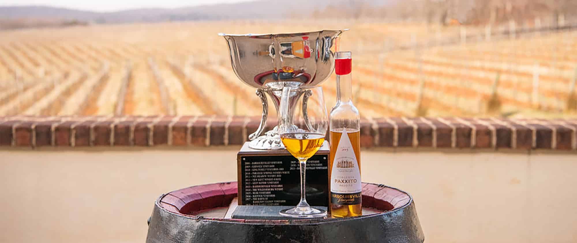 Barboursville Vineyards Paxxito wine with Virginia Governors Cup trophy