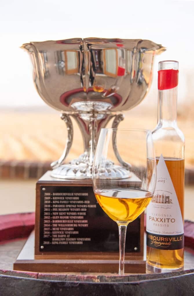 Barboursville Vineyards Paxxito wine with Virginia Governors Cup trophy