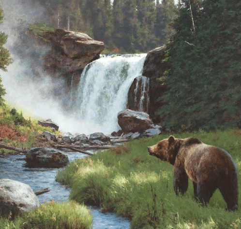 Tucker Smith painting of a bear at a waterfall
