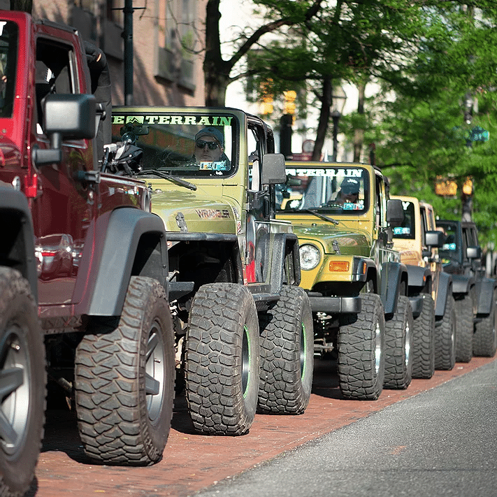 Line up of Jeep Wranglers