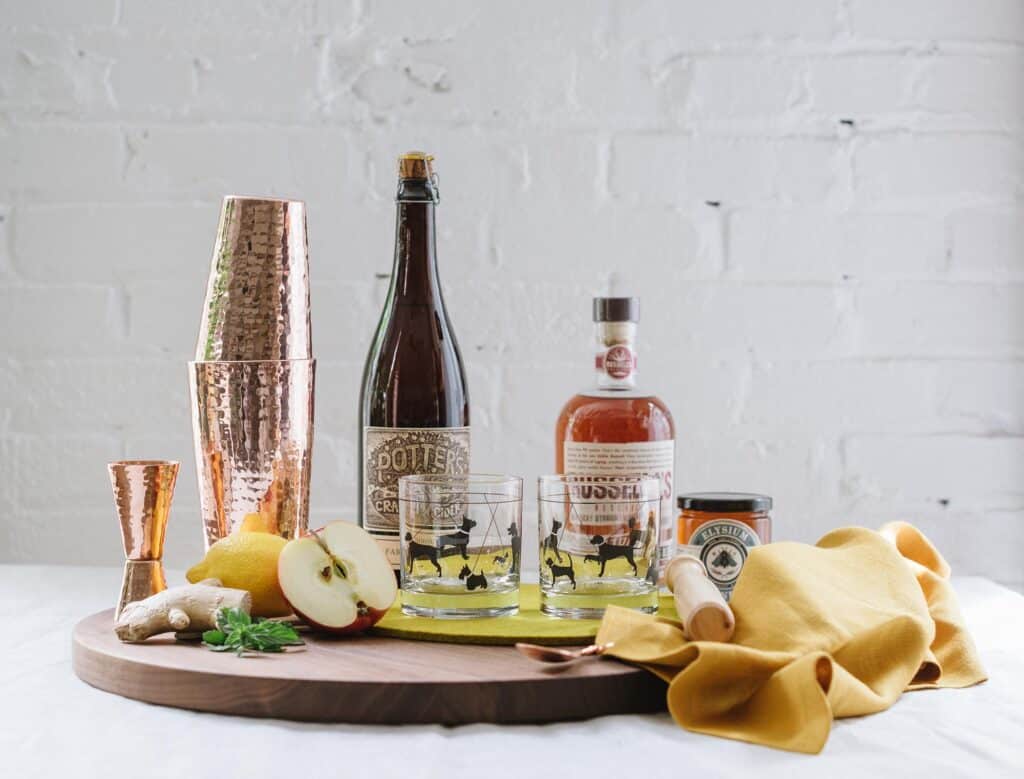 Bourbon, Cider and Ingredients to Make a Craft Bourbon Cider Cocktail