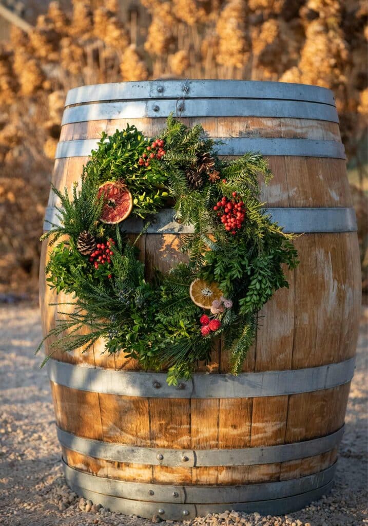 Holiday Wreath Making at Pippin Hill, Wreath hanging on barrel
