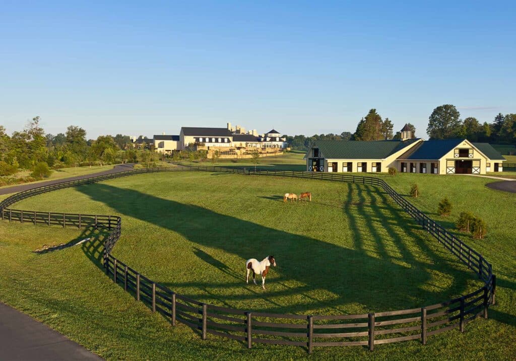 The equestrian center grounds, stables and horses at Sheila Johnson's Salamander Middleburg resort.