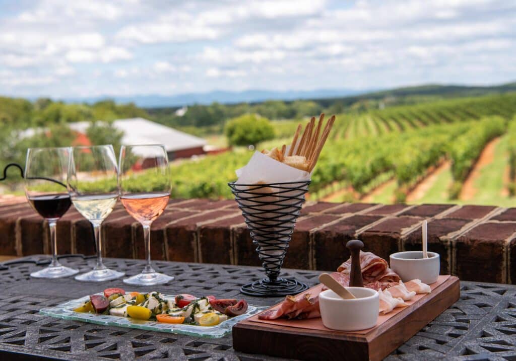 Charcuterie, fresh breads, a caprese salad and wines for tasting at Barboursville Vineyards.