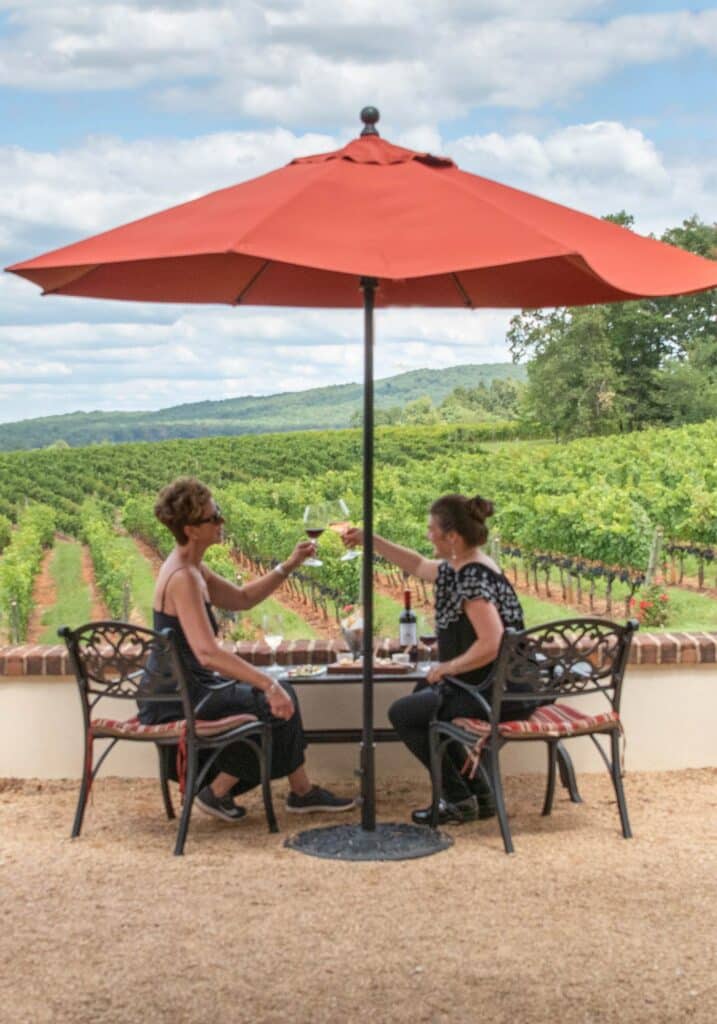 Enjoying glasses of wines on the Barboursville Vineyards terrace with a view of the vines.
