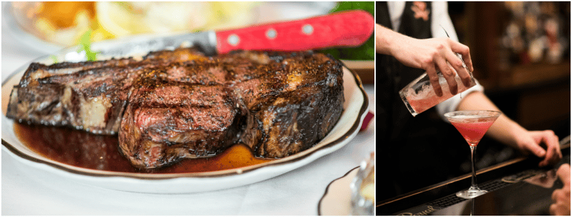 2 photos of a steak on a plate and a bartender pouring a cocktail