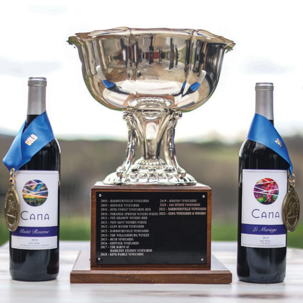 Photo of trophy and bottles of Cana Vineyards wines