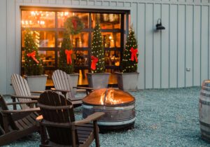 Photo of holiday decor and fire pit at Eastwood