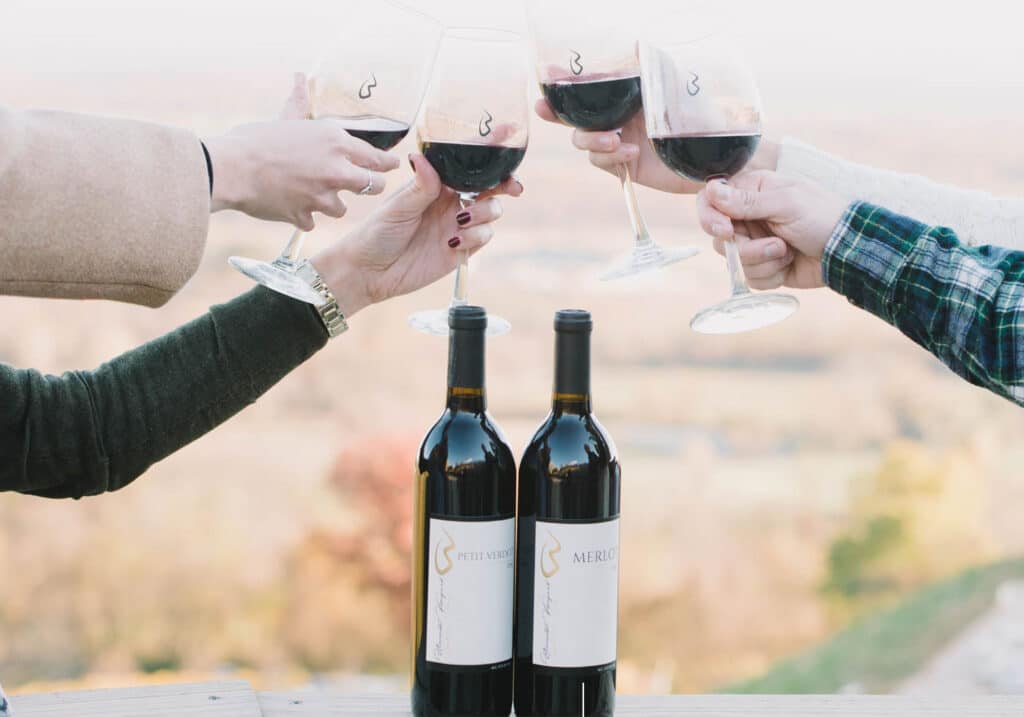 Photo of hands with wine glasses toasting over two bottles of wine