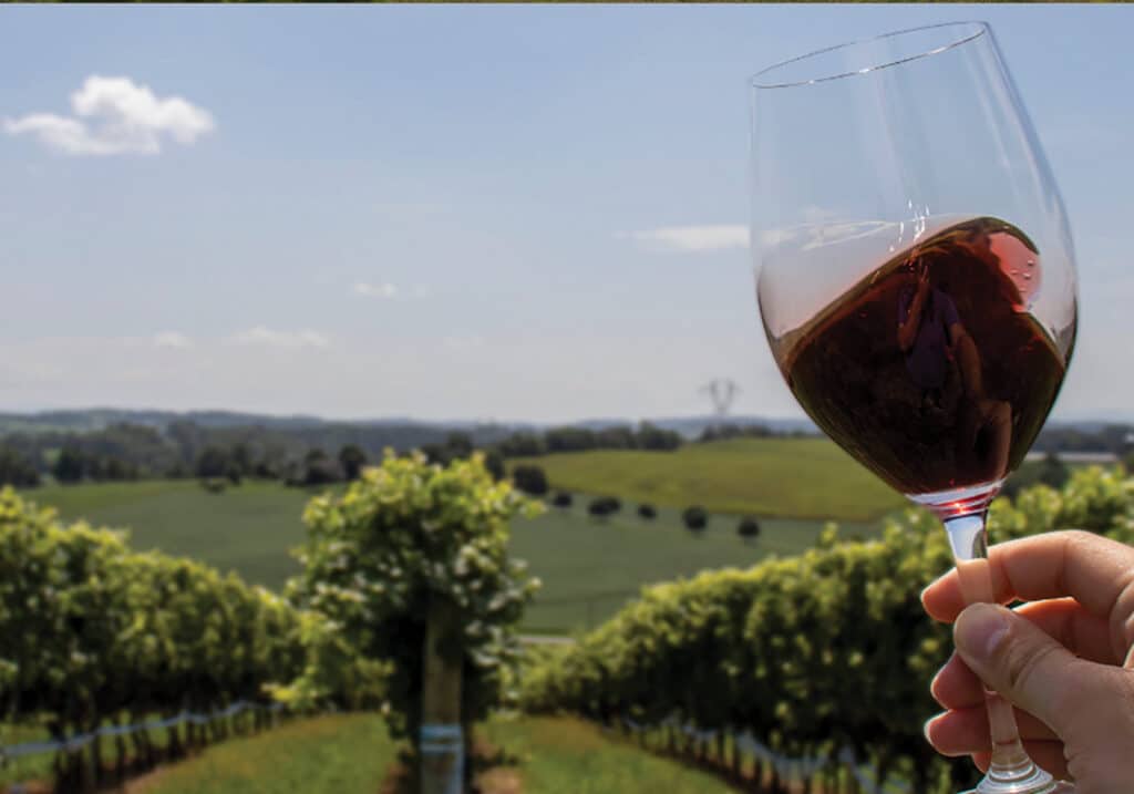 Photo of hand swirling a wine glass at the Bluestone Vineyard