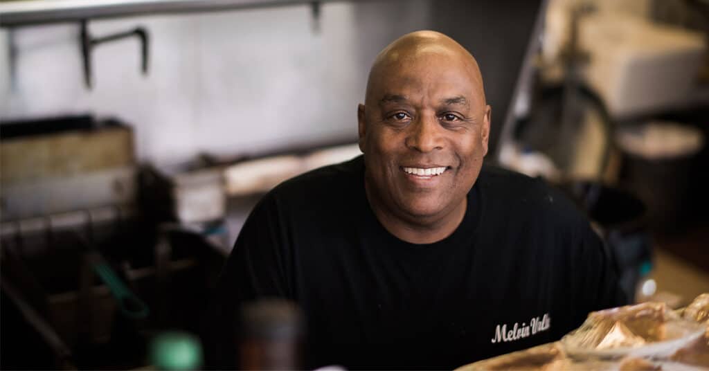 Mel of Mel's Cafe in Charlottesville. Serving down-home local foods in historically black Charlottesville neighborhood.