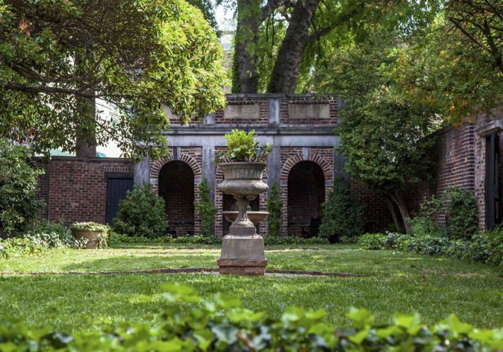 Virginia Historic Garden Week, Garden Club of Virginia 2023 Poe Museum Garden Richmond, garden urn, harden tour