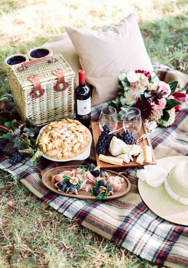 Vineyard picnic on blanket with a picnic hamper filled with figs, grapes, nius, charcuterie, cheeses, pie and fresh flowers.