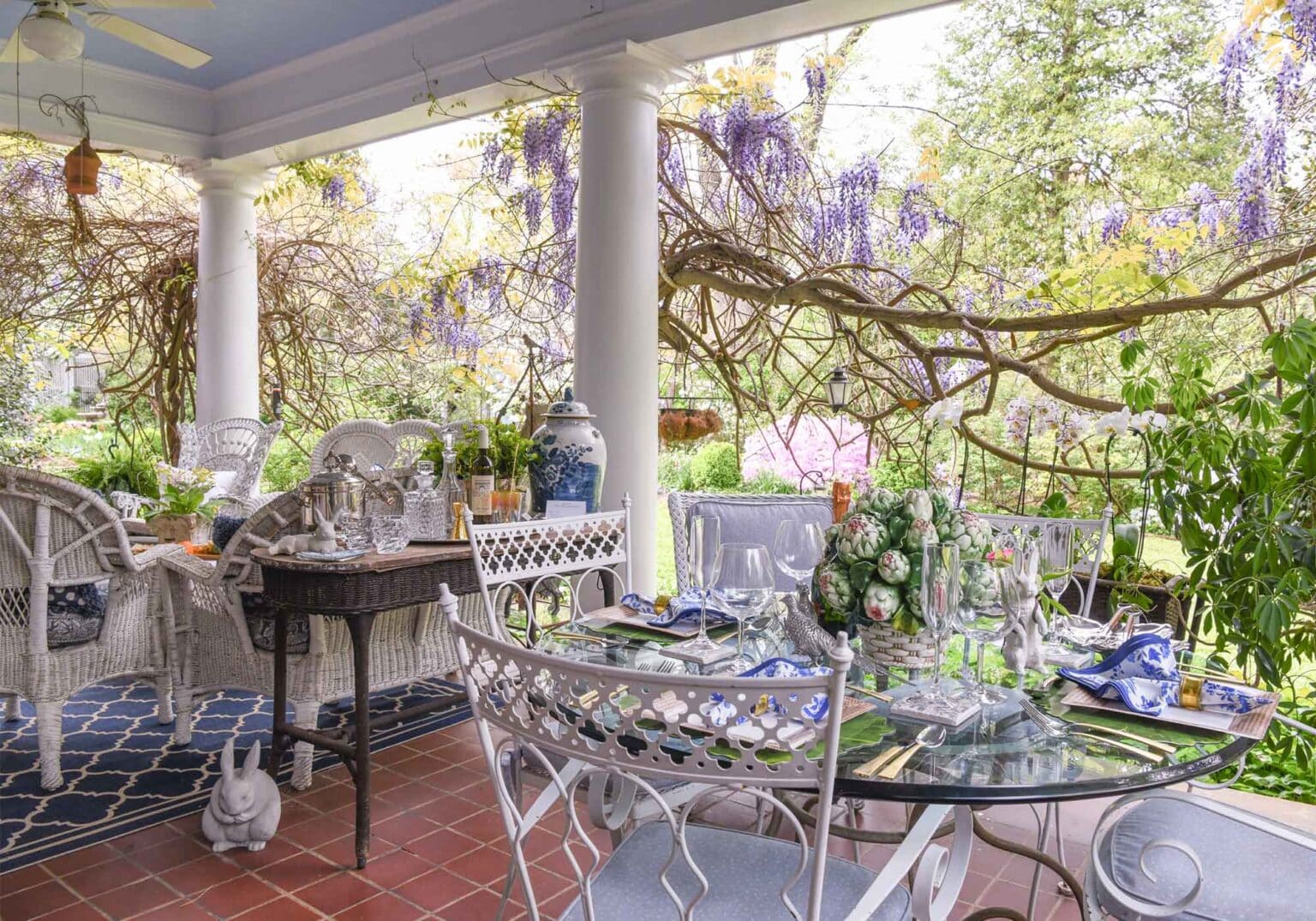 How To Grow Wisteria For A Romantic Garden Wine And Country Life   Wisteria Porch Howards Tablescape HGWk 4 18 2021 RL Johnson PhtoDSC 2547 2 WEB 1536x1075 