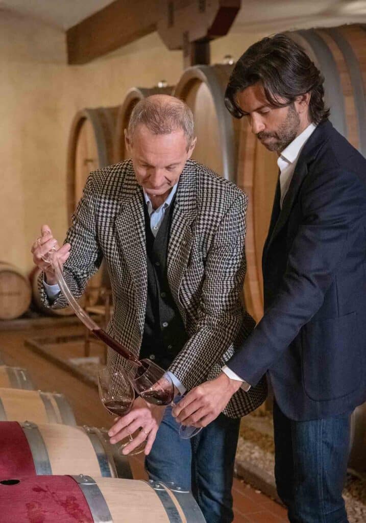 Winemaker Luca Paschina doing a barrel tasting at Barboursville Vineyards with owner Francesco Zonin.
