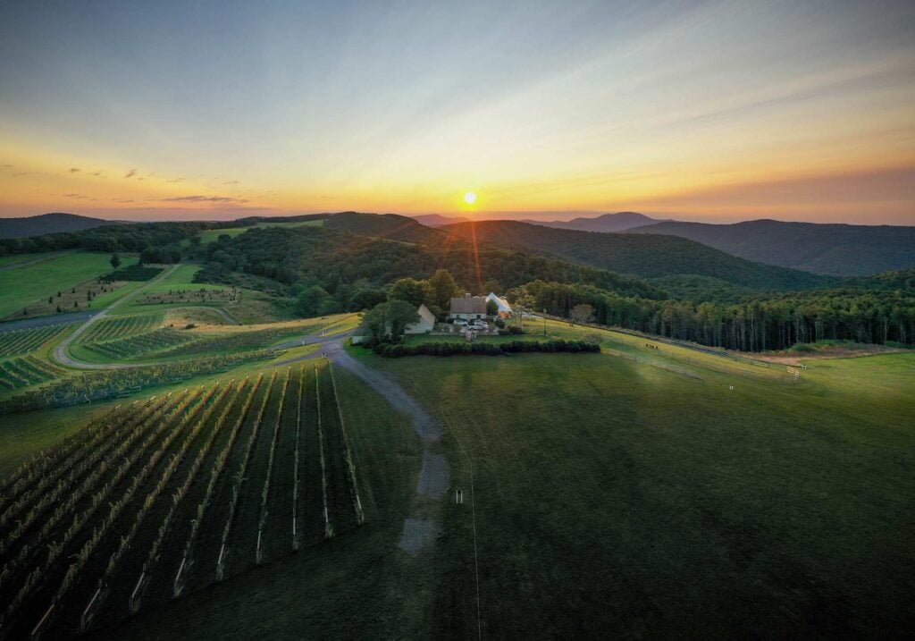 Drone shot of 12 Ridge Vineyard at sunset