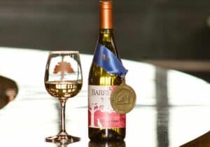 Photo of award-winning Barrel Oak wine, bottle and glass