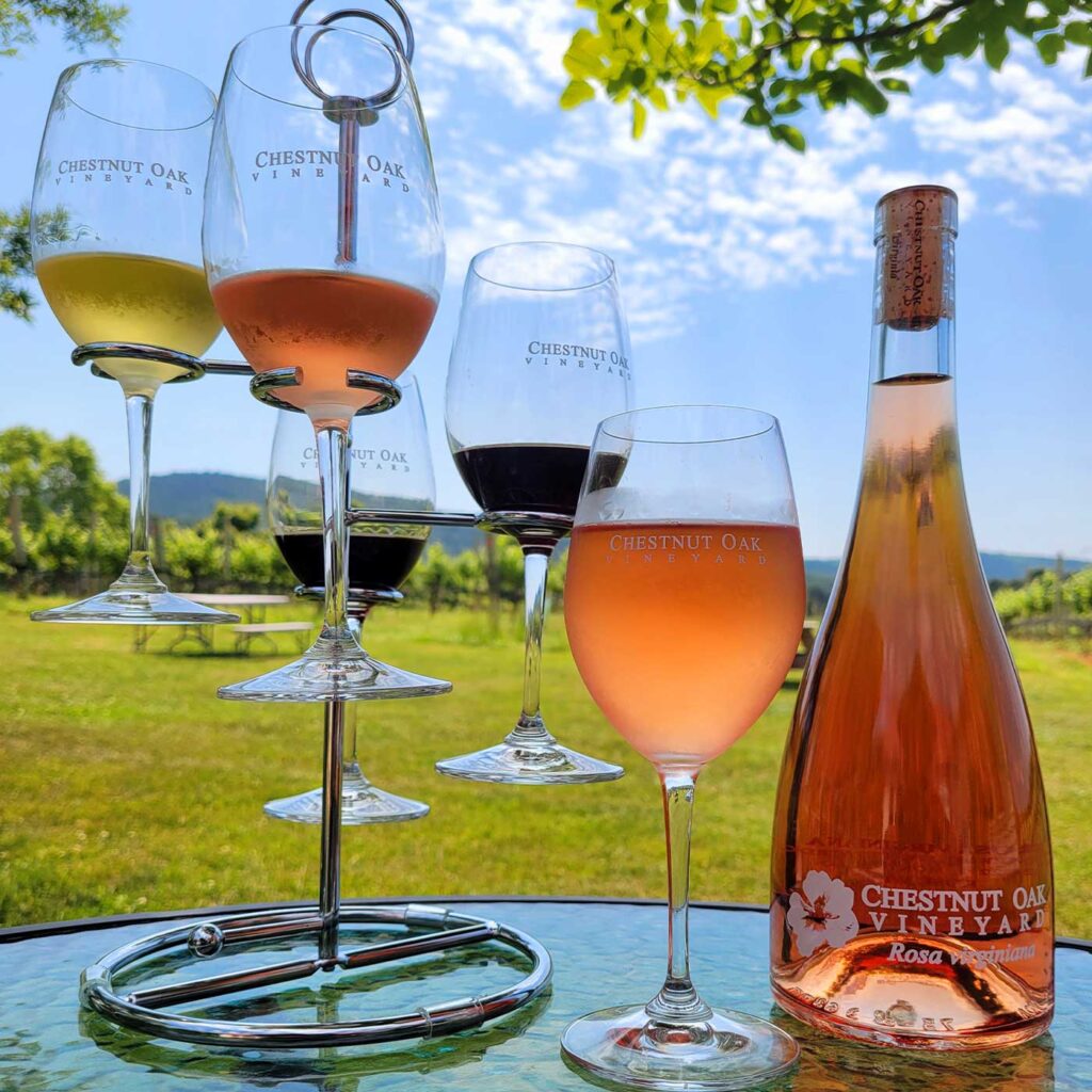 Photo of wine glass and holder and a wine bottle at Chestnut Oak Vineyards, Virginia