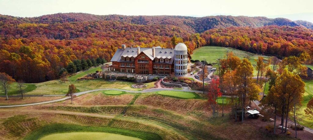 Aerial view of Primland Resort and Golf Course with fall colors, Meadows of Dan, Virginia