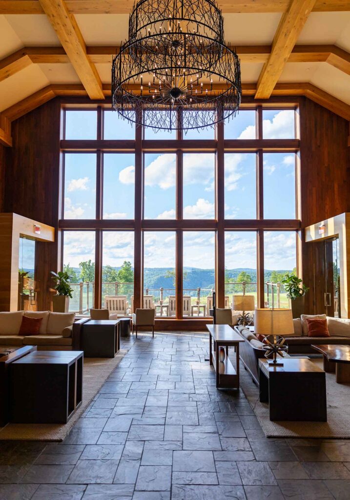 Primland Resort lobby with large windows and mountain views