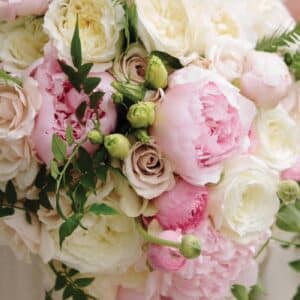 bouquet of pink and white roses with greenery by Tourterelle Floral in Charlottesville, VA