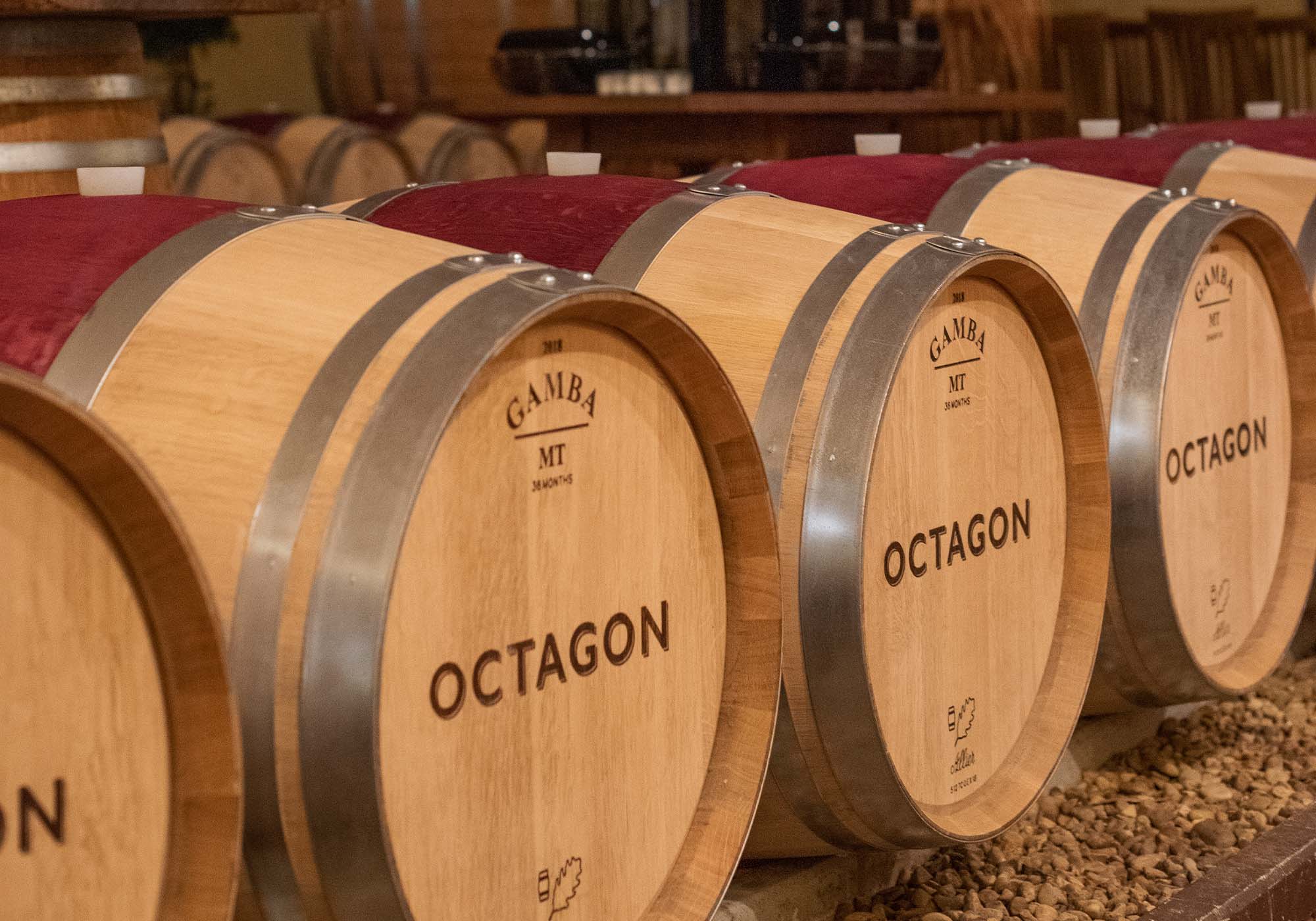 Barrels of aging award-winning Octagon wine in the tasting room at Barboursville Vineyards