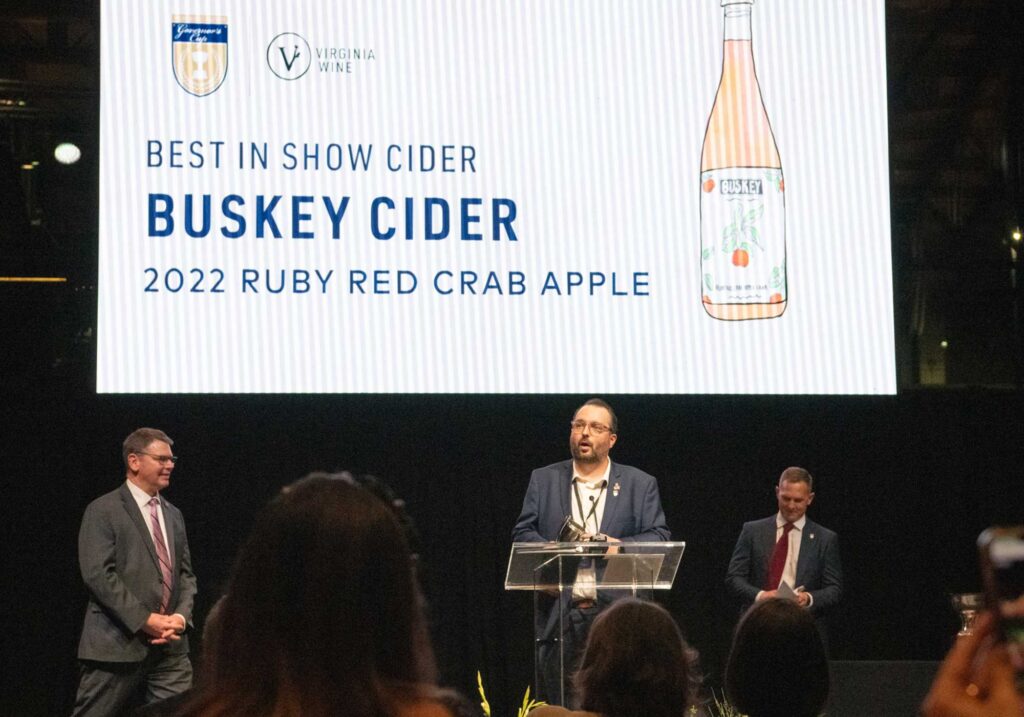 Photo of Buskey Cider's Ruby Red Crab Apple Hard Cider won Best in Show Cider at the 2024 Virginia Governor's Cup Gala.