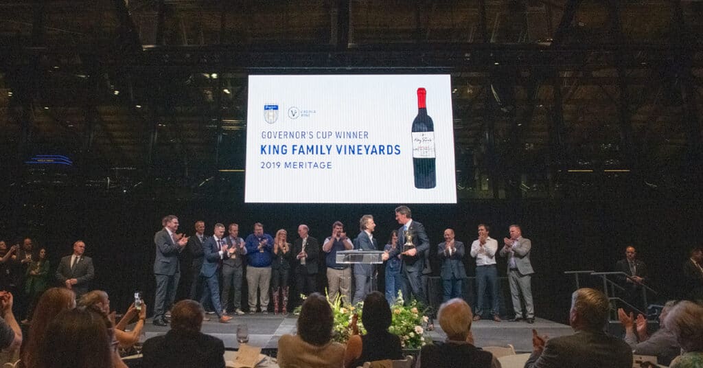 Photo of King Family Vineyards accepted the 2024 Virginia Governor's Cup award for their 2019 Meritage Blend.