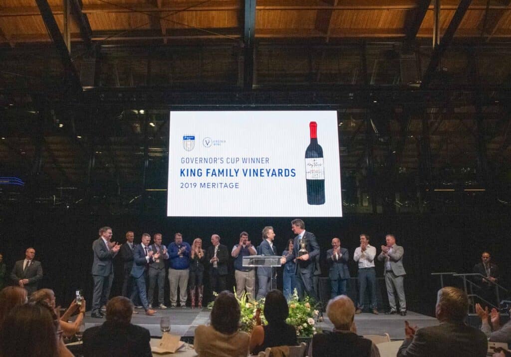 Photo of King Family Vineyards accepted the 2024 Virginia Governor's Cup award for their 2019 Meritage Blend.