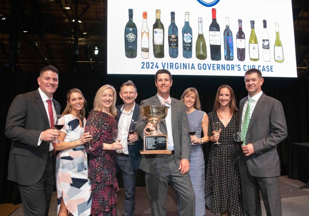 Photo of King Family Vineyards team accepts the 2024 Virginia Governor's Cup for the best Virginia wine 2024.