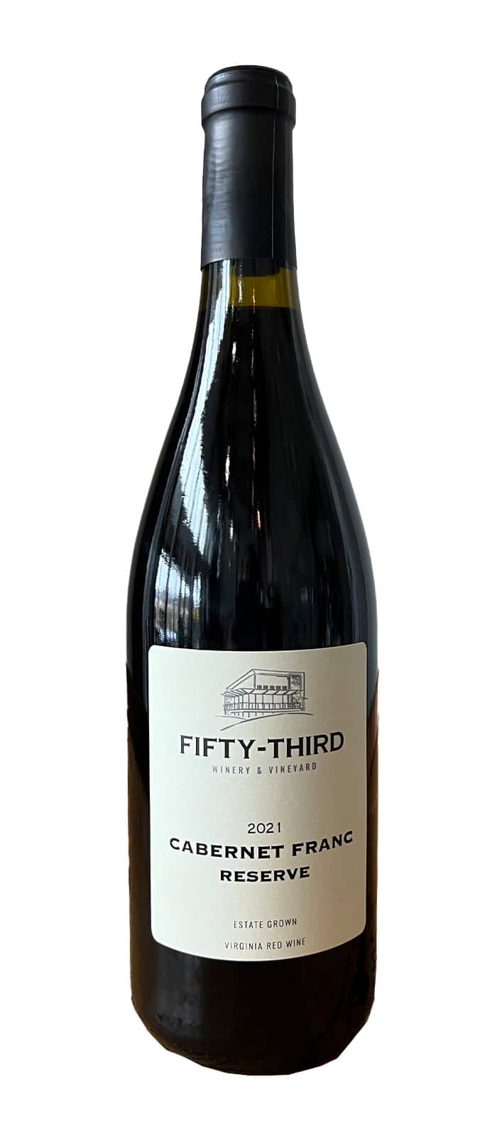 Bottle of Fifty-Third Winery & Vineyard 2021 Cabernet Franc Reserve, Gold Medal, Virginia Governor's Cup Wine Competition.