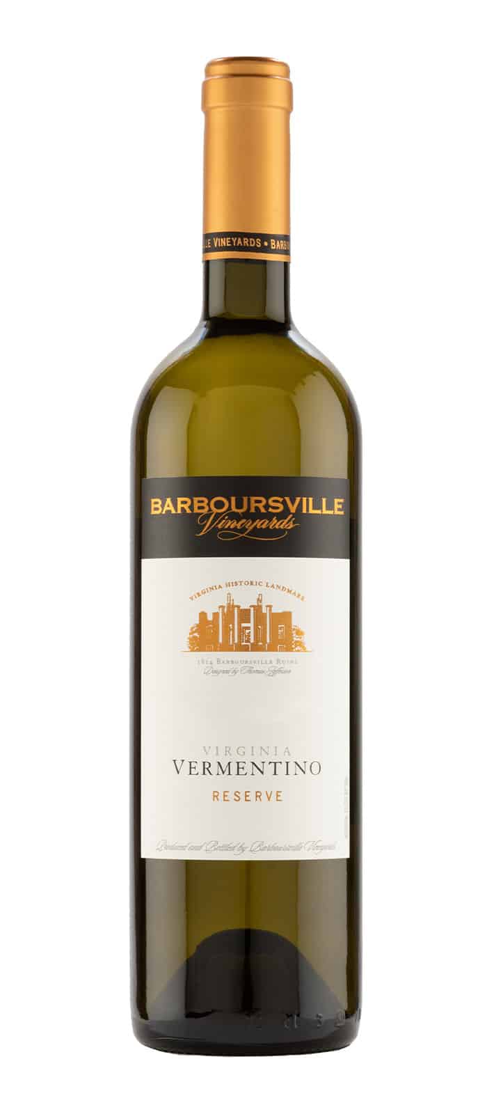 Bottle of Barboursville Vineyards, Virginia Vermentino Reserve, Gold Medal, Virginia Governor's Cup Wine Competition.