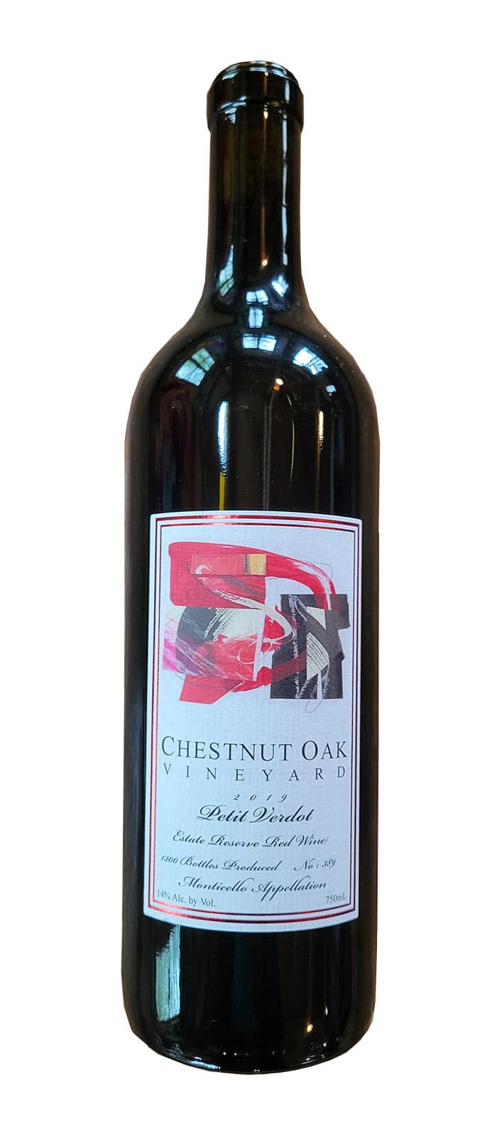 Bottle of Chestnut Oak Vineyard 2019 Petit Verdot Estate Reserve Red Wine, Gold Medal, Virginia Governor's Cup Wine Competition.
