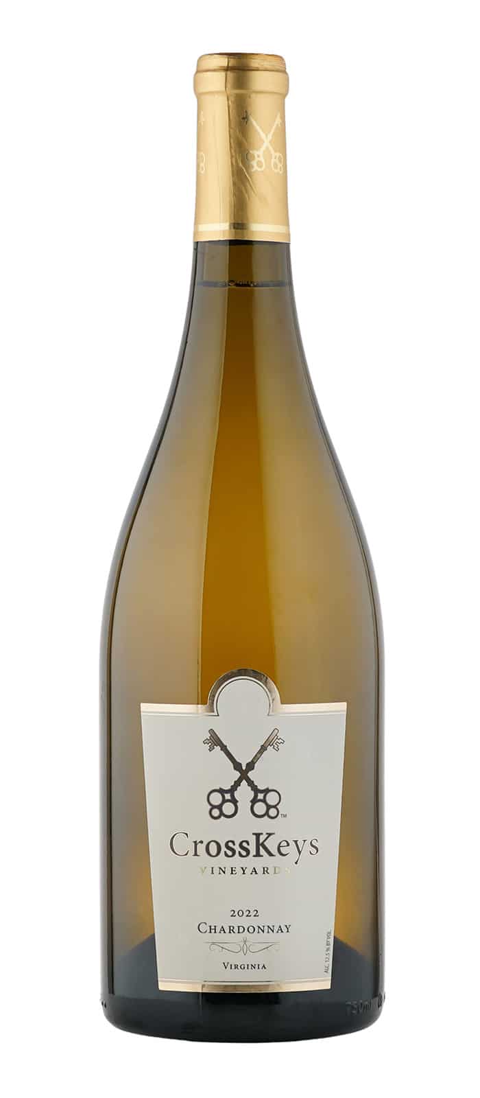 Bottle of CrossKeys Vineyards 2022 Chardonnay, Gold Medal, Virginia Governor's Cup Wine Competition.
