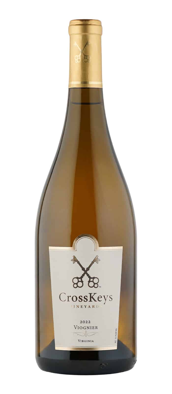 Bottle of CrossKeys Vineyards 2022 Viognier, Gold Medal, Virginia Governor's Cup Wine Competition.