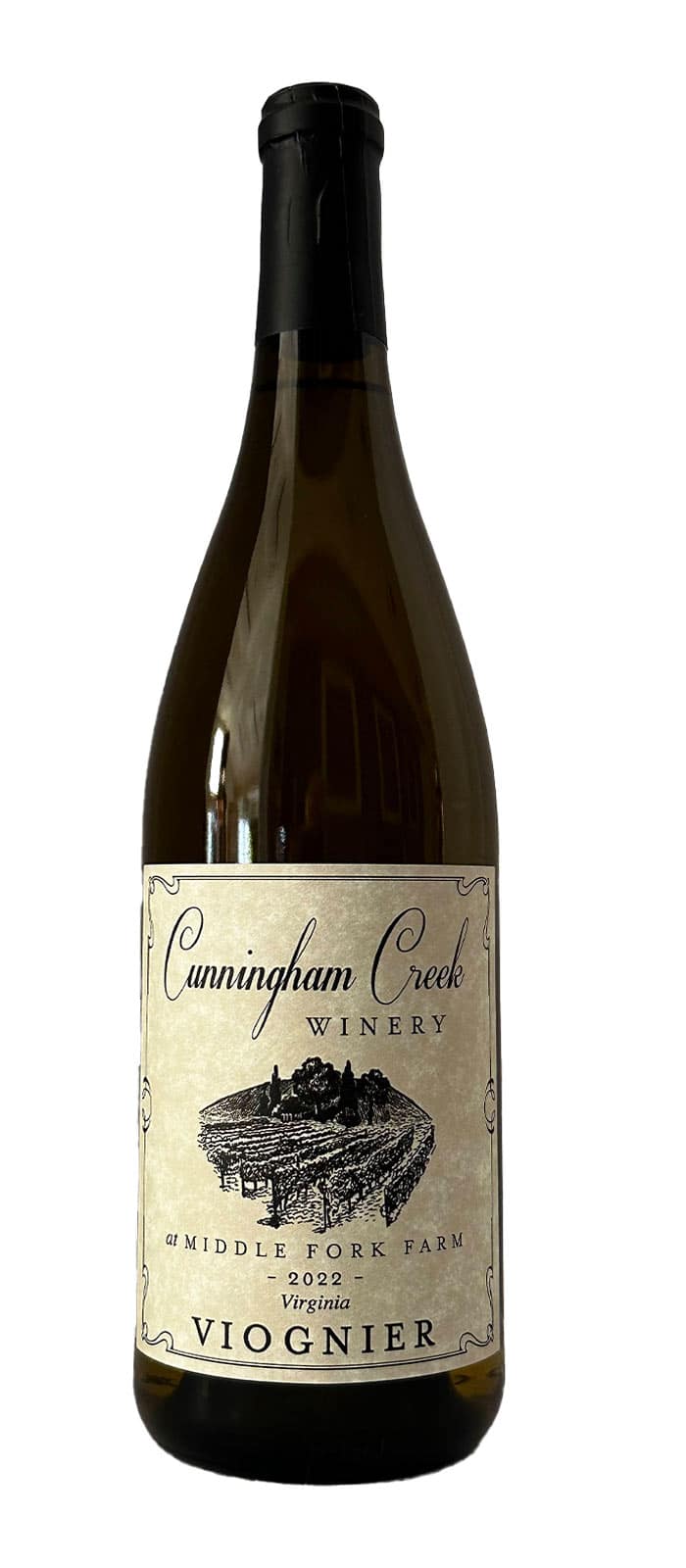 Bottle of Cunningham Creek Winery, Middle Fork Farm, 2022 Viognier, Gold Medal, Virginia Governor's Cup Wine Competition.