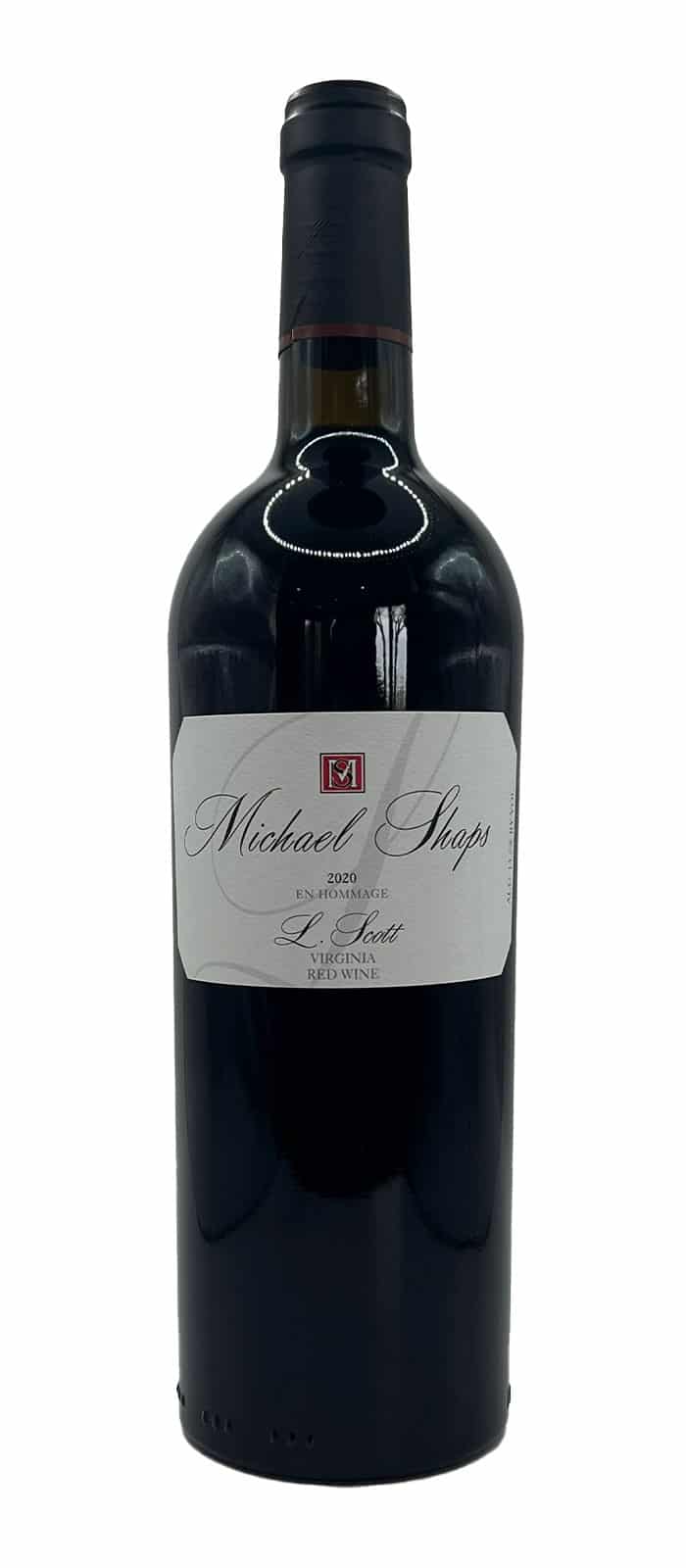 Bottle of Michael Shaps 2020 En Homage L. Scott Virginia Red Wine, Gold Medal, Virginia Governor's Cup Wine Competition.
