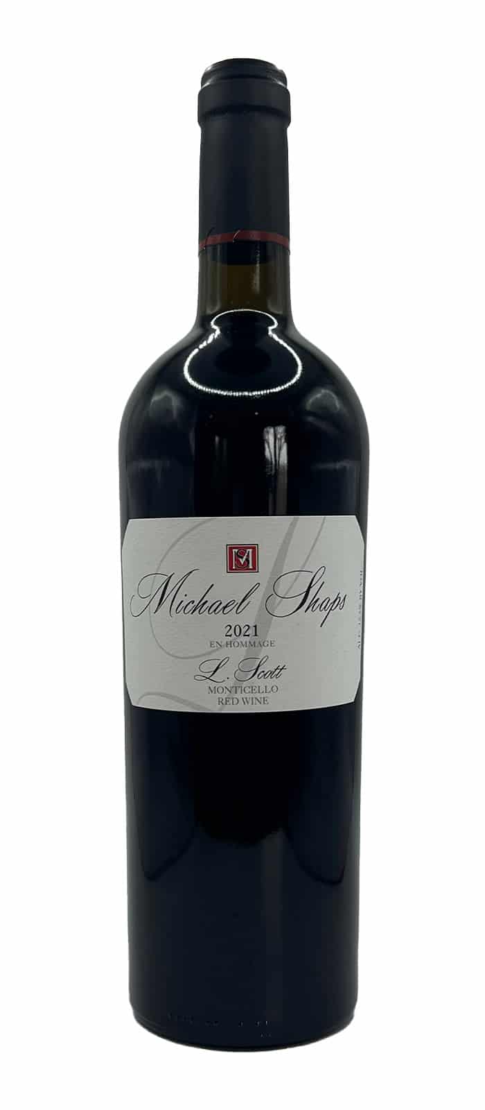 Bottle of Michael Shaps 2021 En Homage L. Scott Monticello Red Wine, Gold Medal, Virginia Governor's Cup Wine Competition.