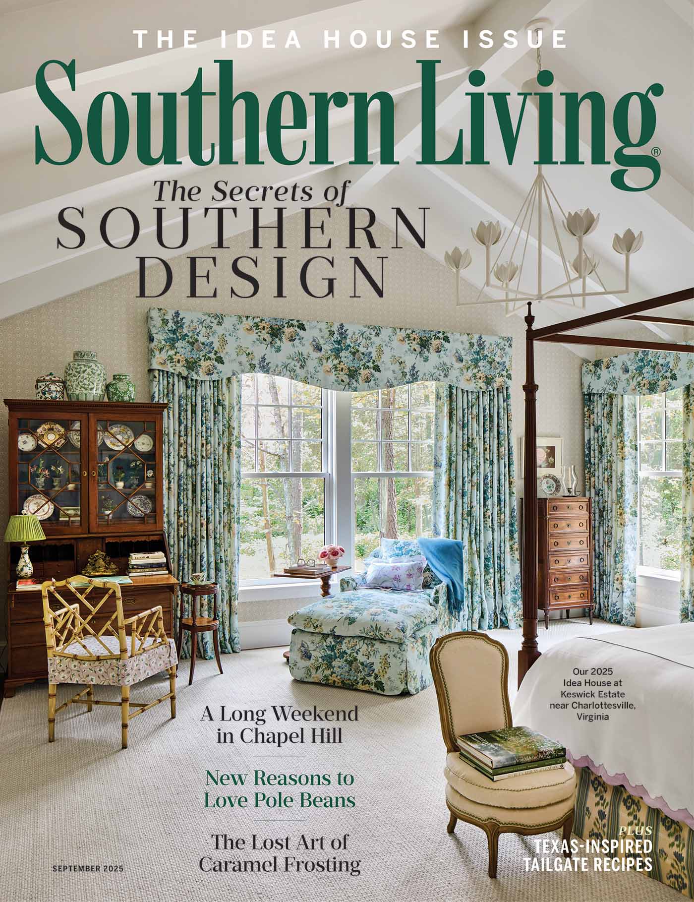 Cover of the September 2025 issue of Southern Living magazine featuring a bedroom interior of the 2025 Southern Living Idea House designed by Charlotte Moss in Keswick, Virginia.