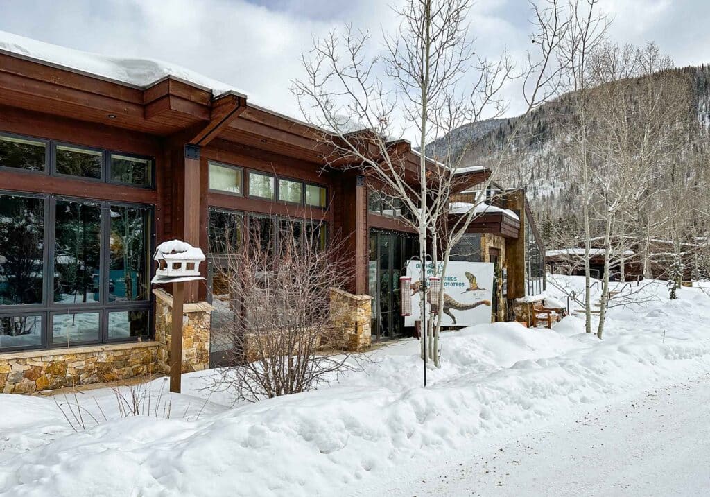 Betty Ford Alpine Gardens building surrounded by snow and pine trees in Vail Valley during winter