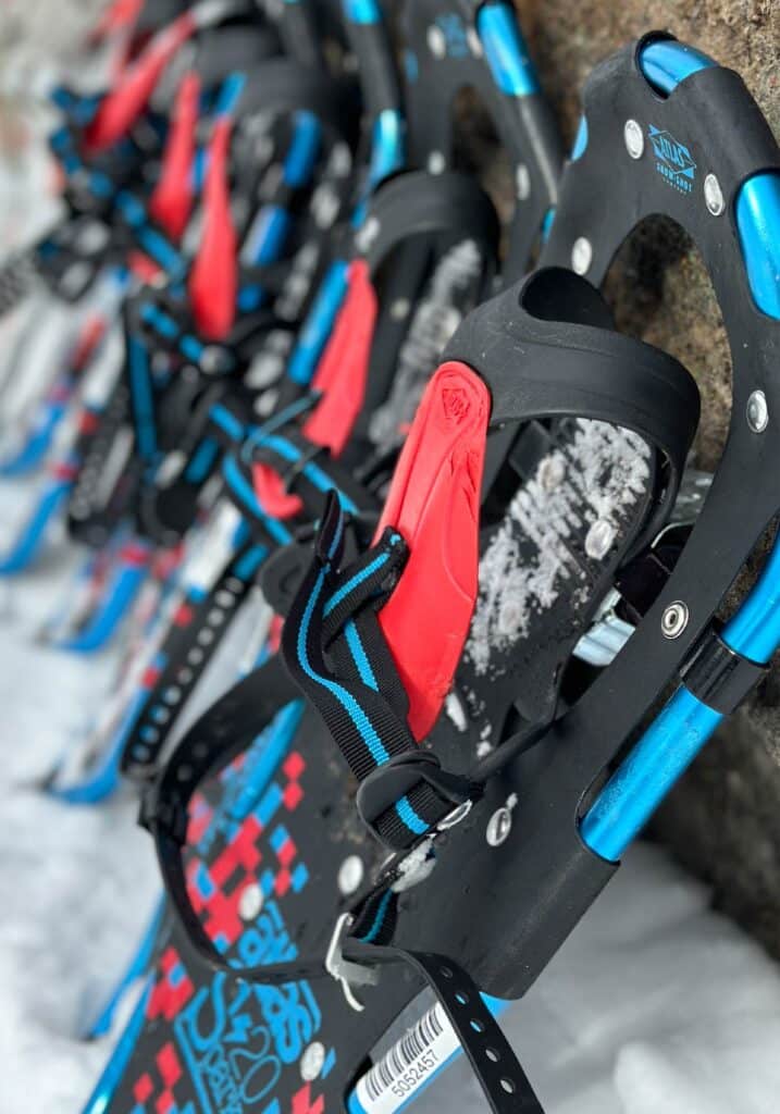 Winter snowshoeing gear set in the snow at Betty Ford Alpine Gardens, Vail.