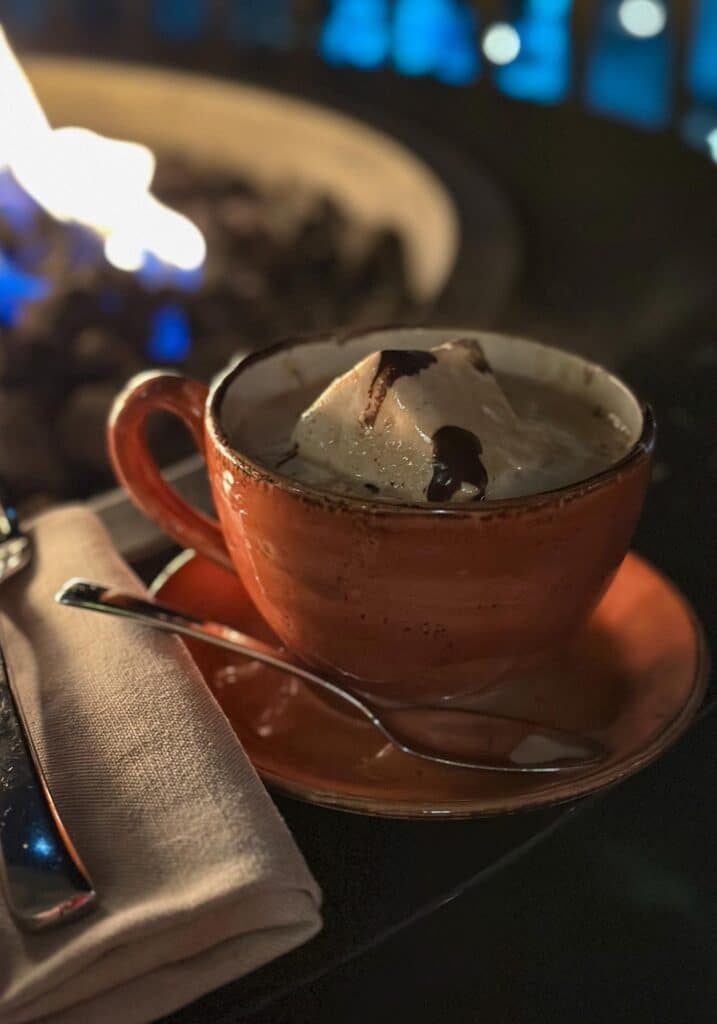 Haute Chocolate dessert at The Remedy Bar in Vail, Colorado, with a house-made marshmallow and chocolate tuile.