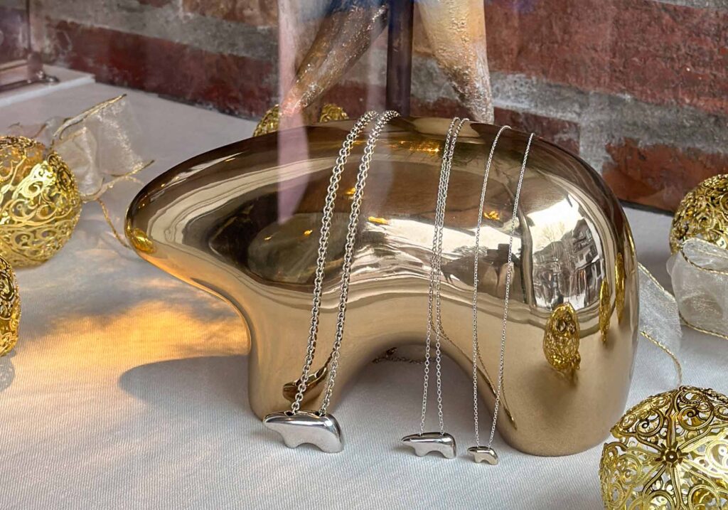 Artisan jewelry from Golden Bear displayed elegantly in a Vail, Colorado shop.