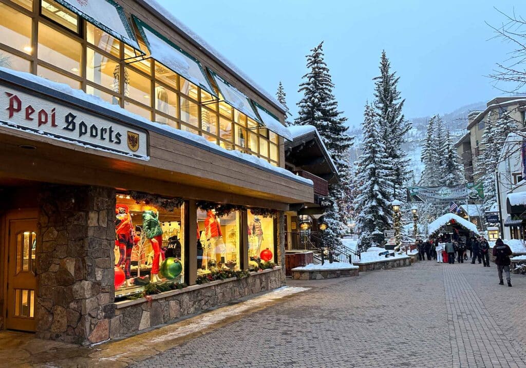 Alpine-style exterior of Pepi Sports in Vail Village, Colorado, serving skiers and snowboarders.