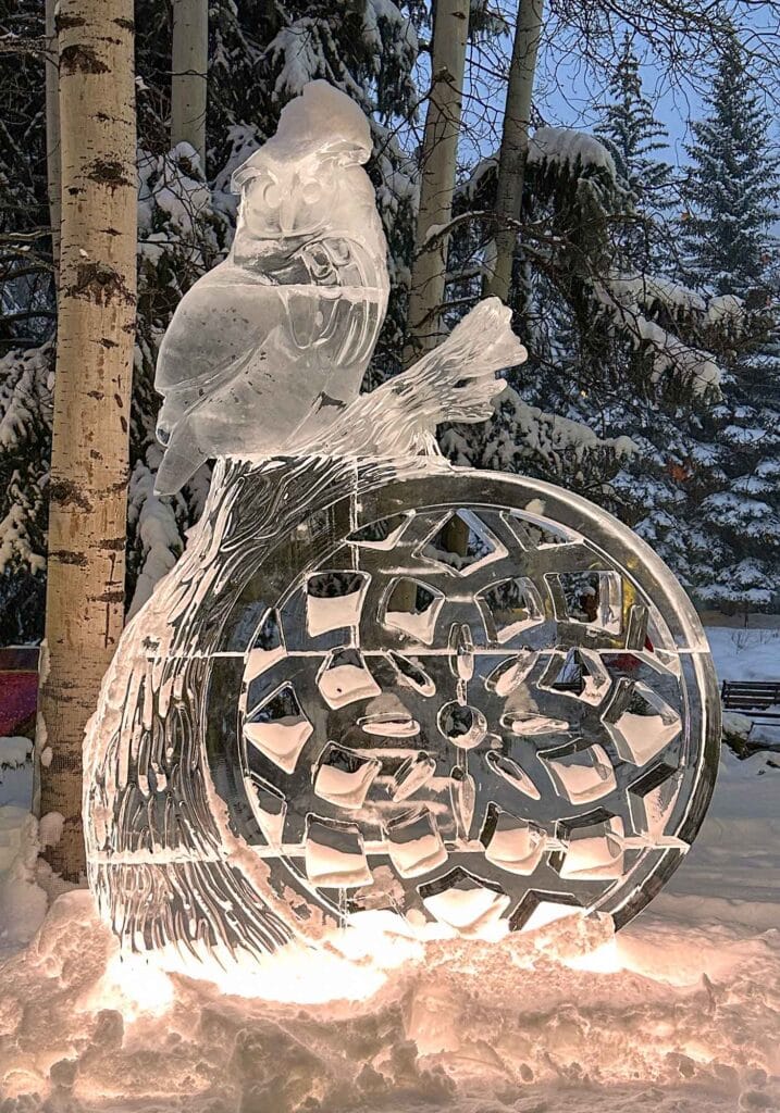 Frozen artwork on display in Vail Village, Colorado, during the winter season.