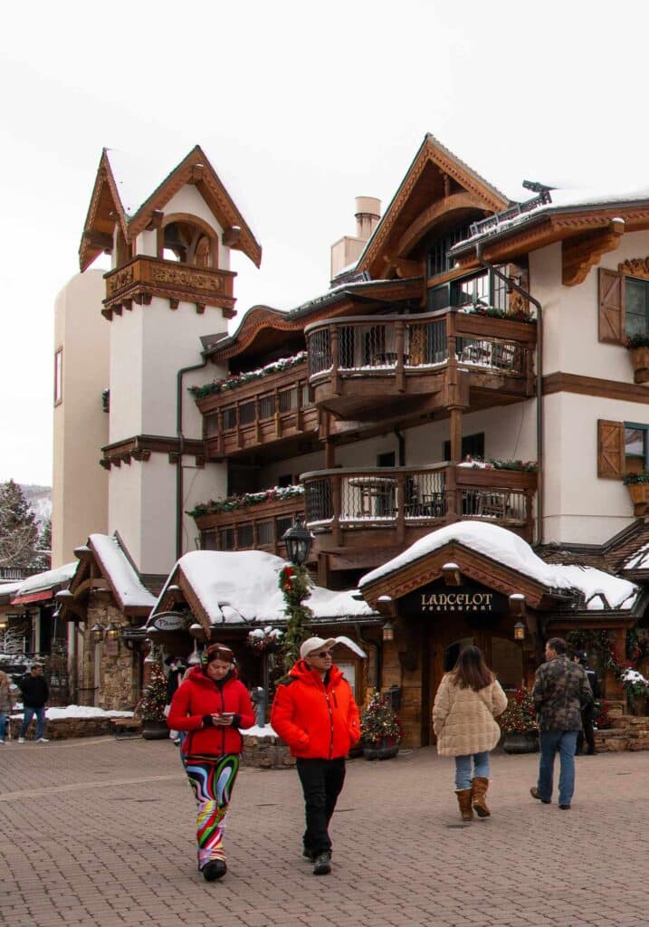 Alpine-style exterior of Lancelot in Vail, Colorado, with charming snowy streets and mountain ambiance