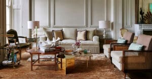 Classical English drawing room design featured in An English Vision book